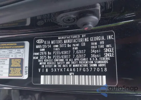 2015 Kia Sorento Lx z USA, uszkodzony, nr VIN 5XYKT4A61FG577018